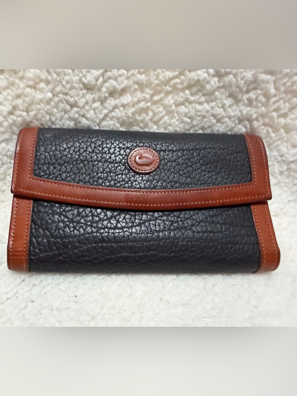Dooney and Bourke Vintage Trifold Checkbook Wallet Black/ Chestnut w/Pen Holder